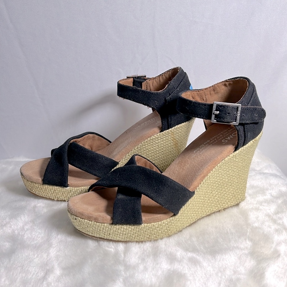 TOMS Open Toe Black Beige Hemp Canvas Fabric Heeled Wedge Womens 6.5